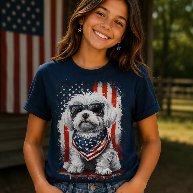T-Shirt - American Flag Sunglasses Doodle Dog Shirt — 3